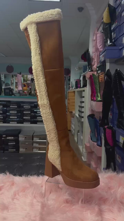 TOP TIER Tan Camel Faux Suede Faux Fur Thigh High Boot - Half Zipper Closure