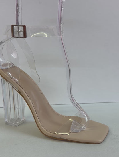 ZURI-01 CLEAR BLOCK HEEL SANDAL WITH BEIGE FOOTBED AND CLEAR VAMP AND ANKLE STRAP