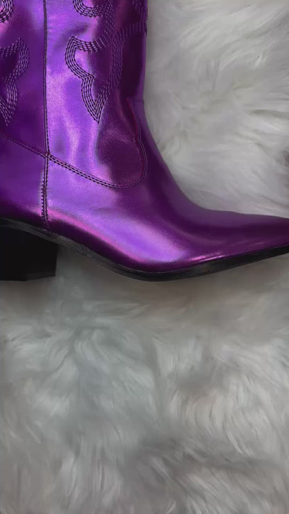 MALENA/2024 Purple Metallic Faux Leather Cowboy Boot Western Styling with Stitching Detail
