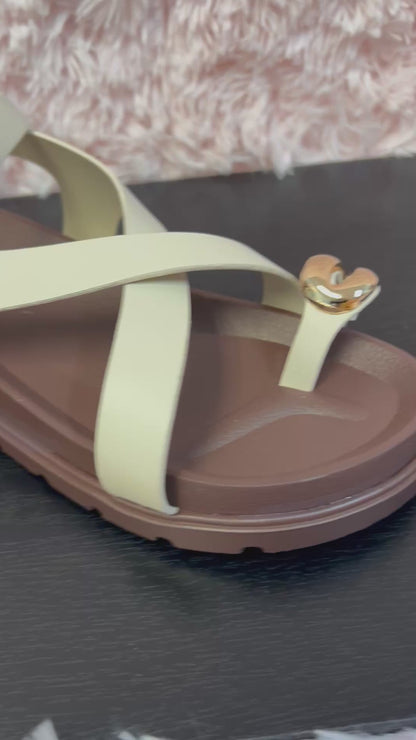 PROMISE Cream Metal ring ankle strap sandal.