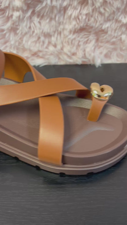 PROMISE Tan Metal ring ankle strap sandal