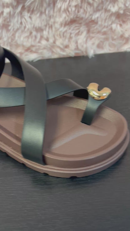 PROMISE Black Metal ring ankle strap sandal.