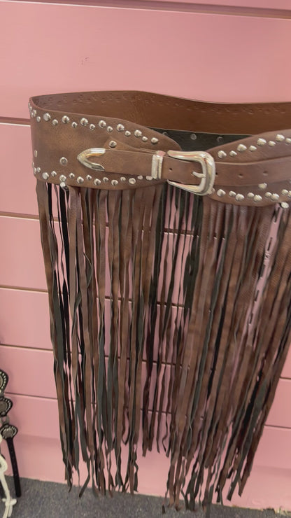 FILLY BROWN FAUX LEATHER BELT WITH STUDS AND LONG ALL AROUND FRINGE