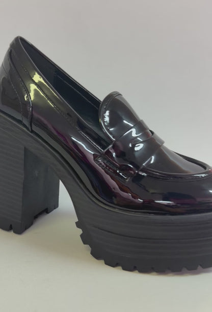 MANILA-03 BLACK PATENT PLATFORM BLOCK HEEL ROUND TOE LOAFERS