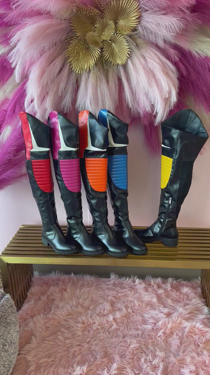 NORRIS-1 Pink/Black Faux Leather Over Knee Moto Boot  - Motorcycle Styling Detail