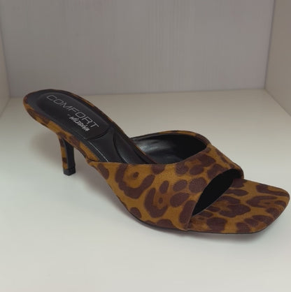 ELLIE-40 AG26 LEOPARD PRINT FAUX SUEDE SLIP ON MULE OPEN TOE KITTEN HEEL SANDAL