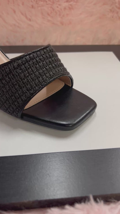 MARY-101 Black Woven Raffia Kitten Heel Open Toe Mule