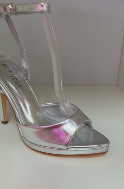 HINA SILVER METALLIC FAUX LEATHER PLATFORM STILEETO WITH ANKLE STRAP