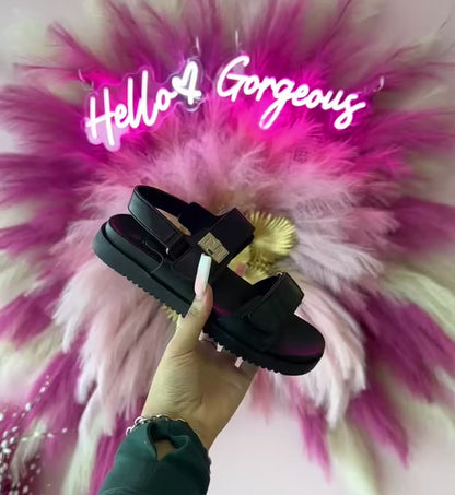 GIBSY-21

- Black faux leather
- Open Toe
- Double Strap
- Slingback sandal
- Flatform Sole, Approx. 1"
- Whole Sizes Only