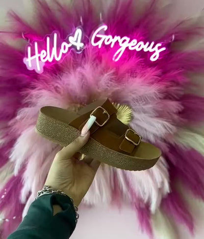 BREDA-02 whisky brown

- Whiskey Brown Sandal
- Open Toe
- Double Buckle Detail
- Slip-On Slide
- Flatform Sole, Approx. 1.5"