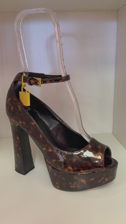 BALI-01 WHISKEY TORTOISE PEEP TOE CHUNKY HEEL PLATFORM PUMP WITH ANKLE STRAP