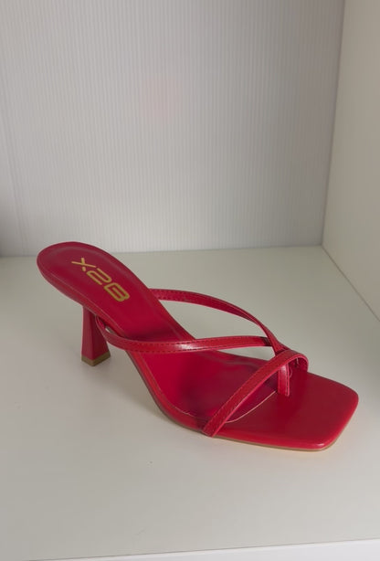 HALLIE-1 RED FAUX LEATHER STRAPPY SPLIT TOE SLIP-ON MULE KITTEN HEEL SANDALS