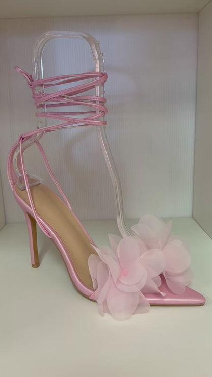 CARMINA-02 BABY PINK TIE UP OPEN POINTY TOE STILEETO HEEL WITH DELICATE FLORAL VAMP
