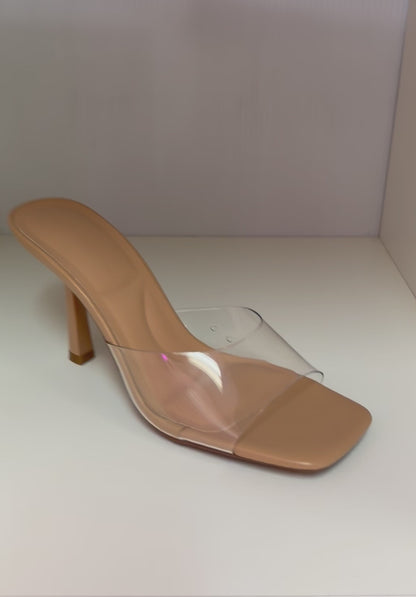 BIRKIN-11 CLEAR VAMP SLIP ON MULE STILETTO HEEL WITH NUDE BASE
