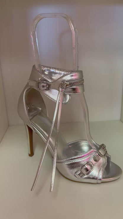 BERLIN-525 SILVER METALLIC FAUX LEATHER STILEETO HEEL WITH BUCKLE DETAIL VAMP AND ANKLE CUFF WITH ZIPPER AND TIE DETAIL