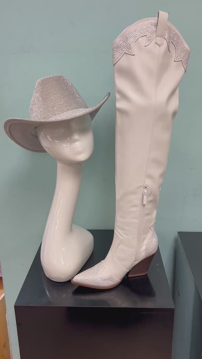 EVERYWHERE-3 white

- White Faux Leather Cowboy Boot
- Rhinestone Detail
- Pointy Toe Thigh High
- Cone Stacked Heel, Approx. 3.5"