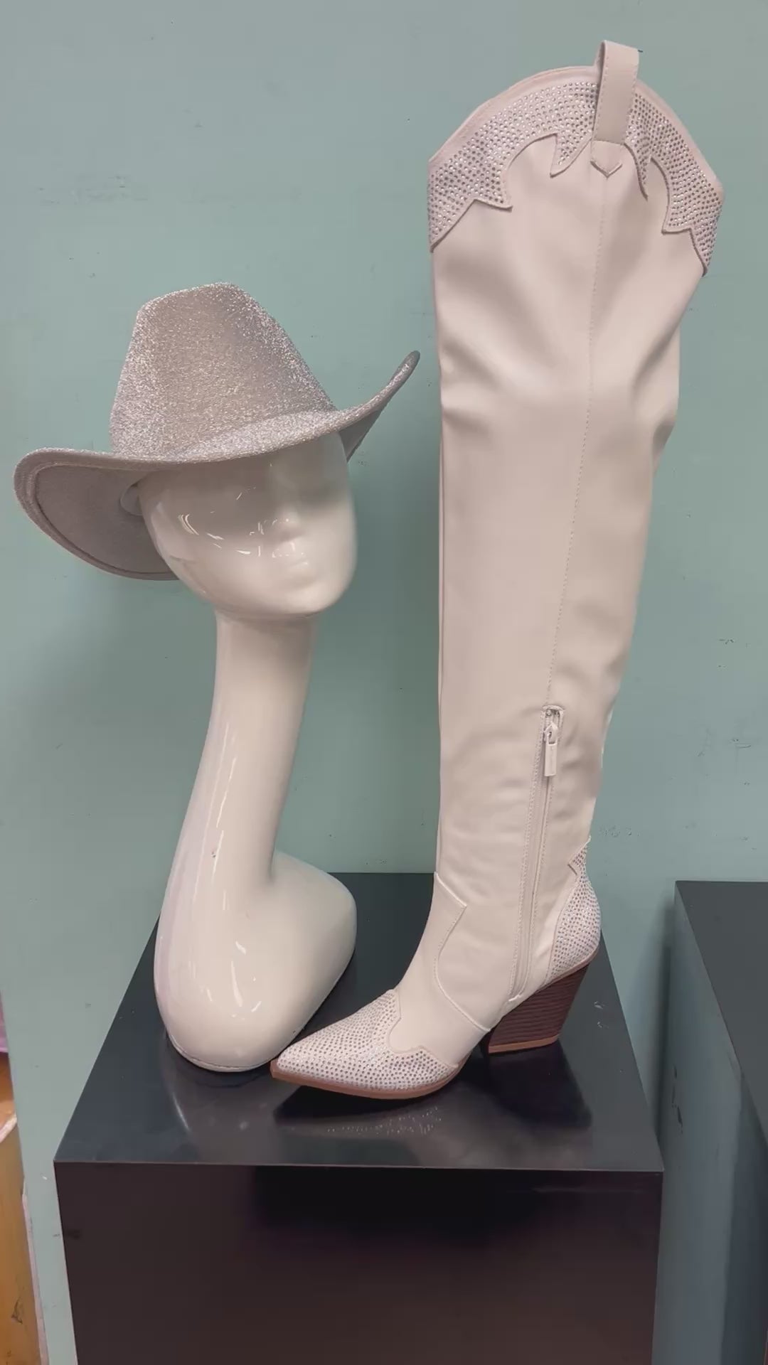 EVERYWHERE-3 white

- White Faux Leather Cowboy Boot
- Rhinestone Detail
- Pointy Toe Thigh High
- Cone Stacked Heel, Approx. 3.5"