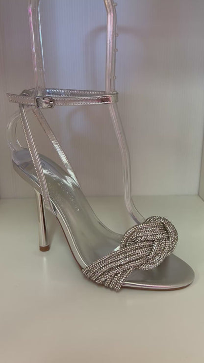 NARI-02 SILVER FAUX LEATHER OPEN TOE STILETTO WITH KNOTTED RHINESTONE VAMP