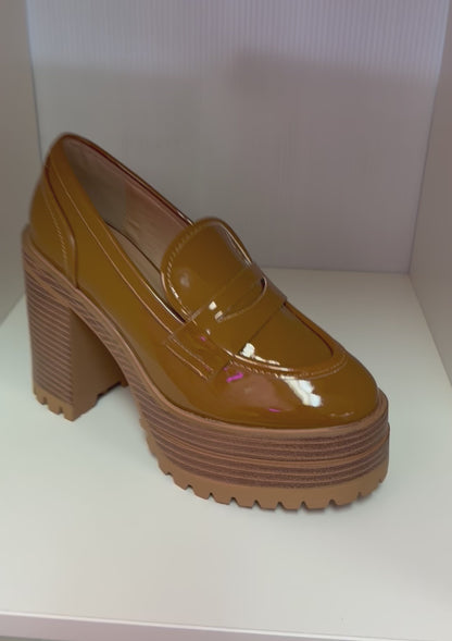 MANILA-03 CAMEL PATENT PLATFORM BLOCK HEEL ROUND TOE LOAFERS