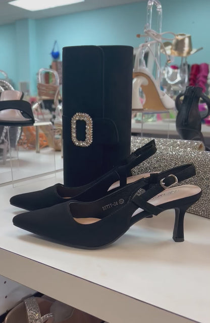 BETTY-26 Black Kitten Heel Pump Slingback Faux Nubuck