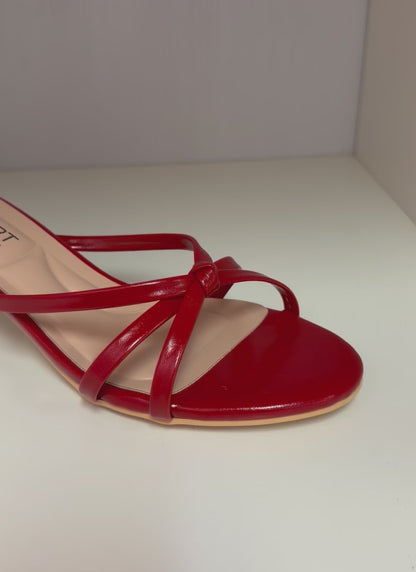 FINNA-01 RED PATENT LEATHER STRAPPY SLIP ON MULE KITTEN HEEL