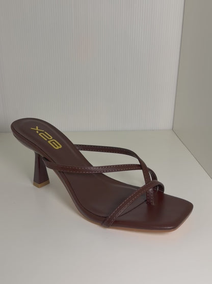HALLIE-1 BROWN FAUX LEATHER STRAPPY SPLIT TOE SLIP-ON MULE KITTEN HEEL SANDALS
