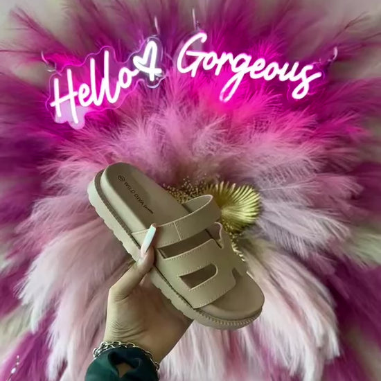 GINO-24

- Nude Tan Sandal
- Open Toe
- Cutout Vamp Detail
- Slip-On Slide
- Flatform Sole, Approx. 1"
- Whole Sizes Only