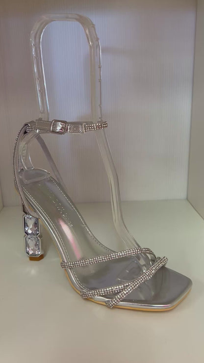 GEMSTONE-03 SILVER BLINGY HEELS WITH 3 RHINESTONE STRAP VAMP AND EMBEEDED JEWELS IN HEEL
