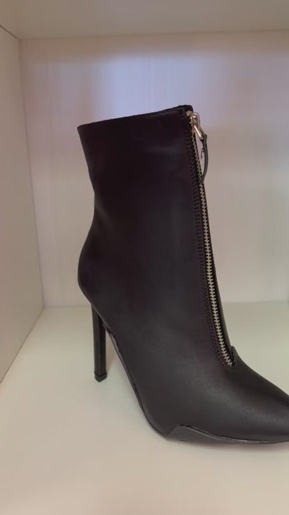 SHYY-02 BLACK FAUX LEATHER POINTY TOE STILETTO BOOTIE WITH FRONT ZIPPER
