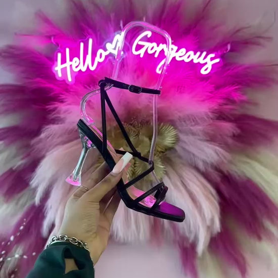 Top Moda CHIC-8 Black 

- Black Faux Leather
- Asymmetrical Straps
- Clear Heel, Approx. 4"