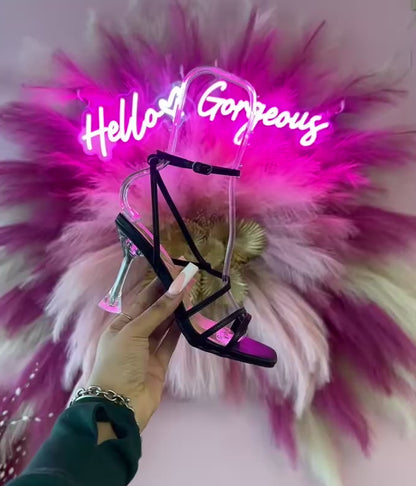 Top Moda CHIC-8 Black 

- Black Faux Leather
- Asymmetrical Straps
- Clear Heel, Approx. 4"