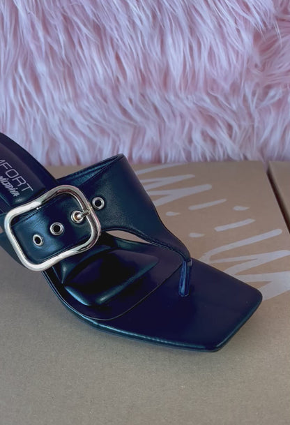 MERASA-13 Black Kitten Heel Split Toe Black Faux Leather - Slip On - Square Open Toe