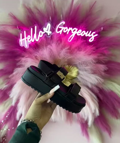 Top Moda TRACI-1 Black

- Black Double Strap Sandal
- Open Toe
- Buckle Detail
- Slingback
- Flatform Sole, Approx. 2"
