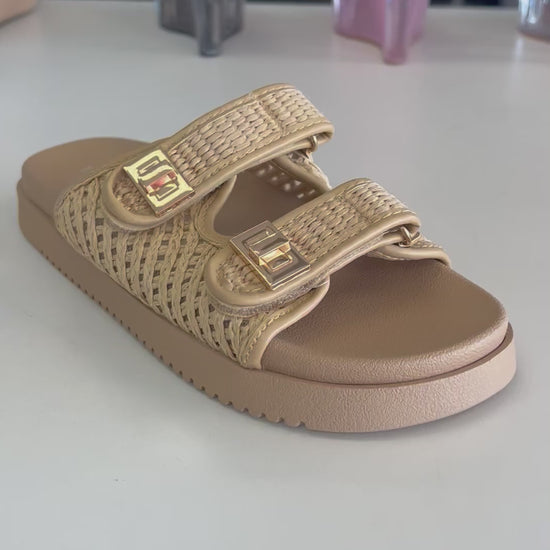 LYON-56 natural tan

- Beige Tan Open Weave Natural Raffia Sandal
- Open Toe
- Double Strap
- Slip On
- Flatform Sole, Approx. 1"