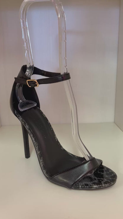 TAMPPA-01B BLACK FAUX LEATHER OPEN TOE STILEETO HEEL WITH ANKLE STRAP AND SNAKE-PRINT FOOTBED