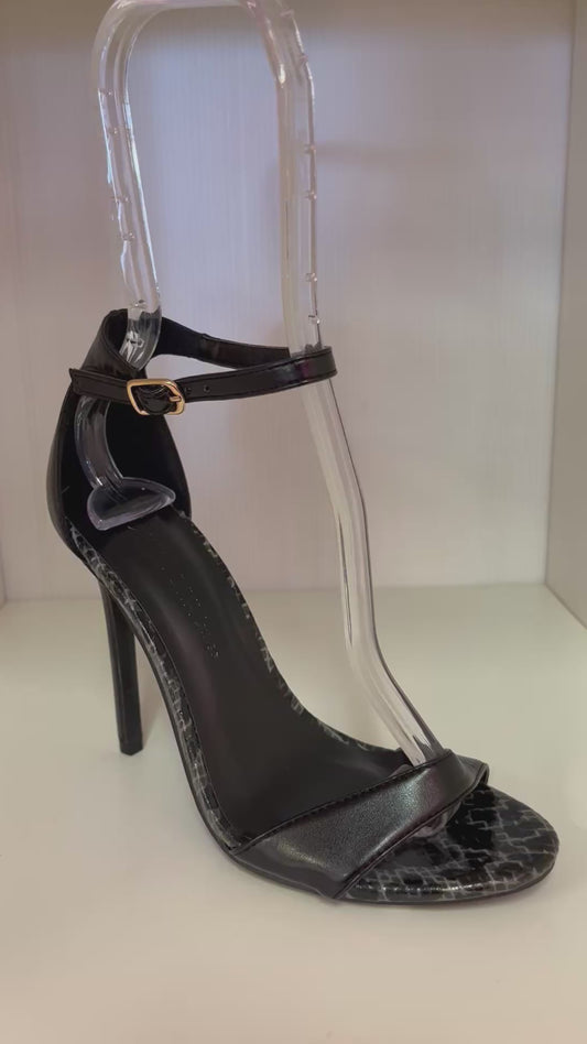 TAMPPA-01B BLACK FAUX LEATHER OPEN TOE STILEETO HEEL WITH ANKLE STRAP AND SNAKE-PRINT FOOTBED