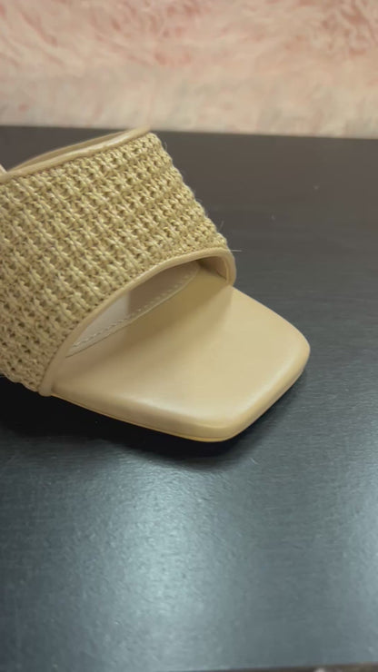 MARY-101 Nude Natural Woven Raffia Kitten Heel Open Toe Mule