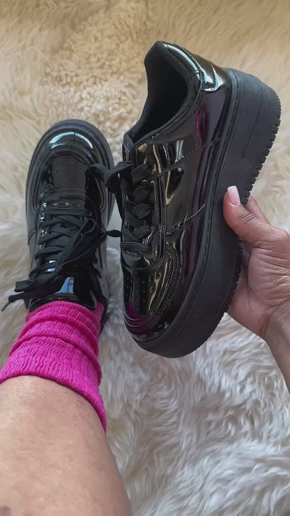 BILLIE-1 Black Patent Platform Sneaker - Low Top - Lace Up