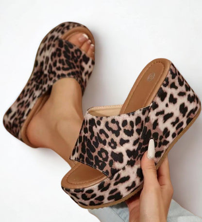 PROWLER LEOPARDPRINT FABRIC PLATFORM WEDGE SLIP ON MULE OPEN TOE SANDALS