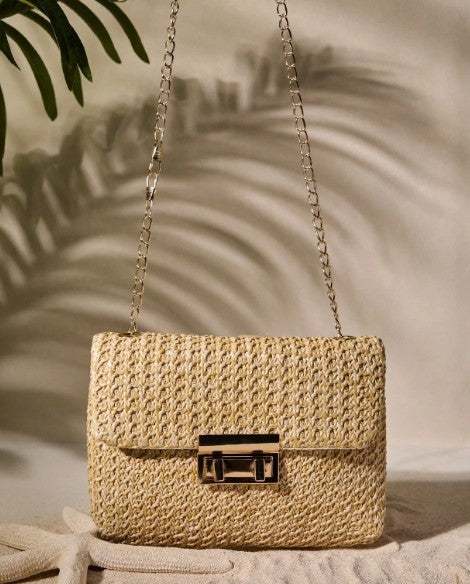 JANESSA BEIGE RAFFAI BAG WITH CHAIN STRAP