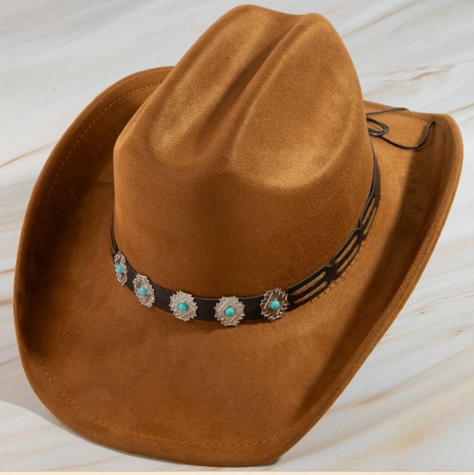 RAYNA RUST TAN FAUX SUEDE COWBOY HAT WITH BROWN BAND AND SILVER AND TURQUOISE ACCENTS
