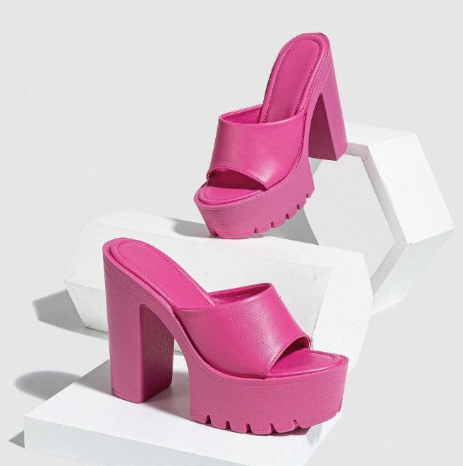 BRITTNEY PINK FAUX LEATHER CHUNKY BLOCK HEEL SLIP ON MULE SANDAL