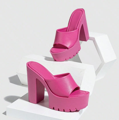 BRITTNEY PINK FAUX LEATHER CHUNKY BLOCK HEEL SLIP ON MULE SANDAL