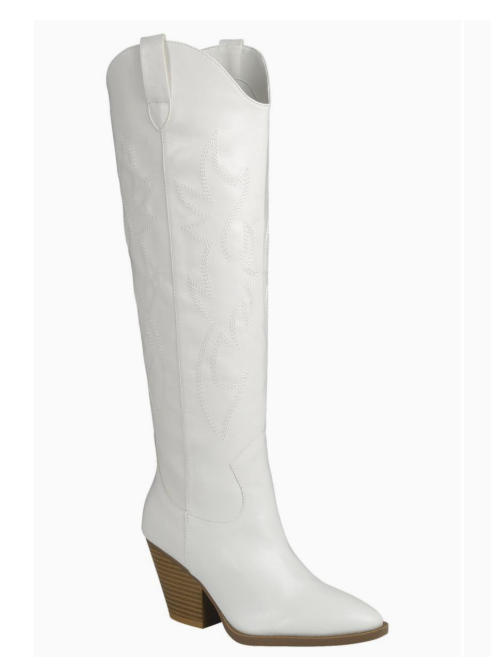 RIVER-17 WHITE FAUX LEATHER KNEE HIGH POITY TOE CLASSIC COWBOY BOOTS WITH TONE ON TONE STITCHING