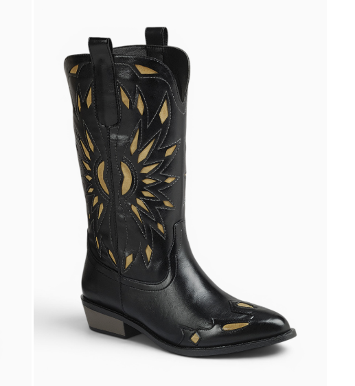 RIVKA--02 BLACK FAUX LEATHER MID CALF COWBOY BOOT WITH TRIBAL INSPIRED GOLD CUT OUT DESIGN