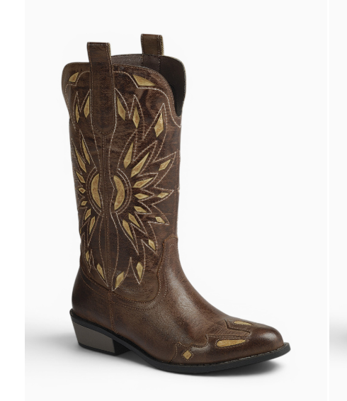 RIVKA--02 BROWN FAUX LEATHER MID CALF COWBOY BOOT WITH TRIBAL INSPIRED GOLD CUT OUT DESIGN