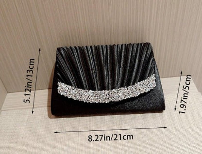 SERINA BLACK SATIN PLEATED CLUTCH WITH SILVER JEWEL ENCRUSED TRIM AND OPTIONAL CHAIN STRAP