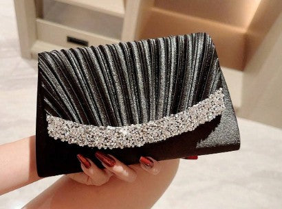 SERINA BLACK SATIN PLEATED CLUTCH WITH SILVER JEWEL ENCRUSED TRIM AND OPTIONAL CHAIN STRAP