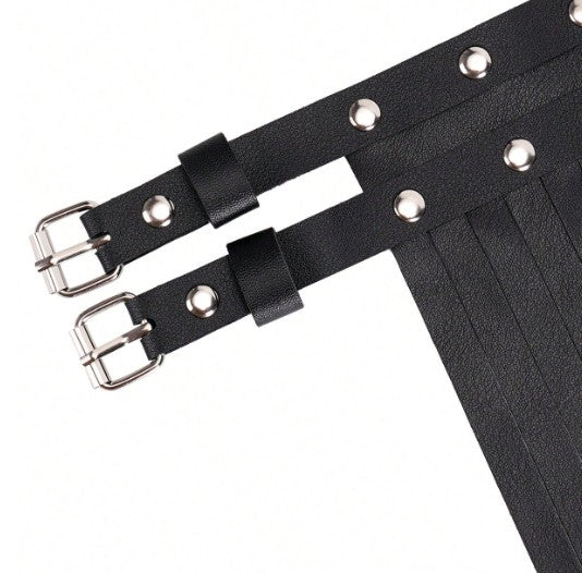 OVER YONDER BLACK FAUX LEATHER FRINGE BELT WITH STUDS AND DOUBLE BUCKLE