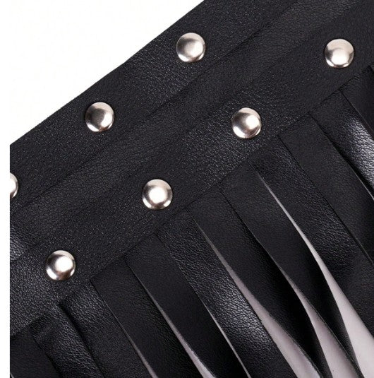 OVER YONDER BLACK FAUX LEATHER FRINGE BELT WITH STUDS AND DOUBLE BUCKLE